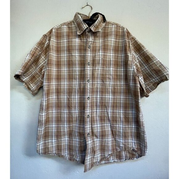Carhartt Men's Button-Down Shirt Short Sleeve Pocket Plaid Large Brown White - Picture 1 of 7